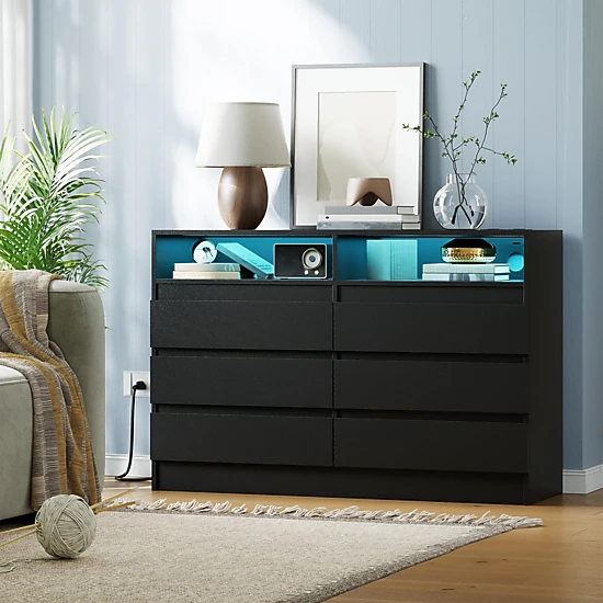 BebreezChic 2 Pack Modern 6 Drawer Double Dresser with LED Lights and ...