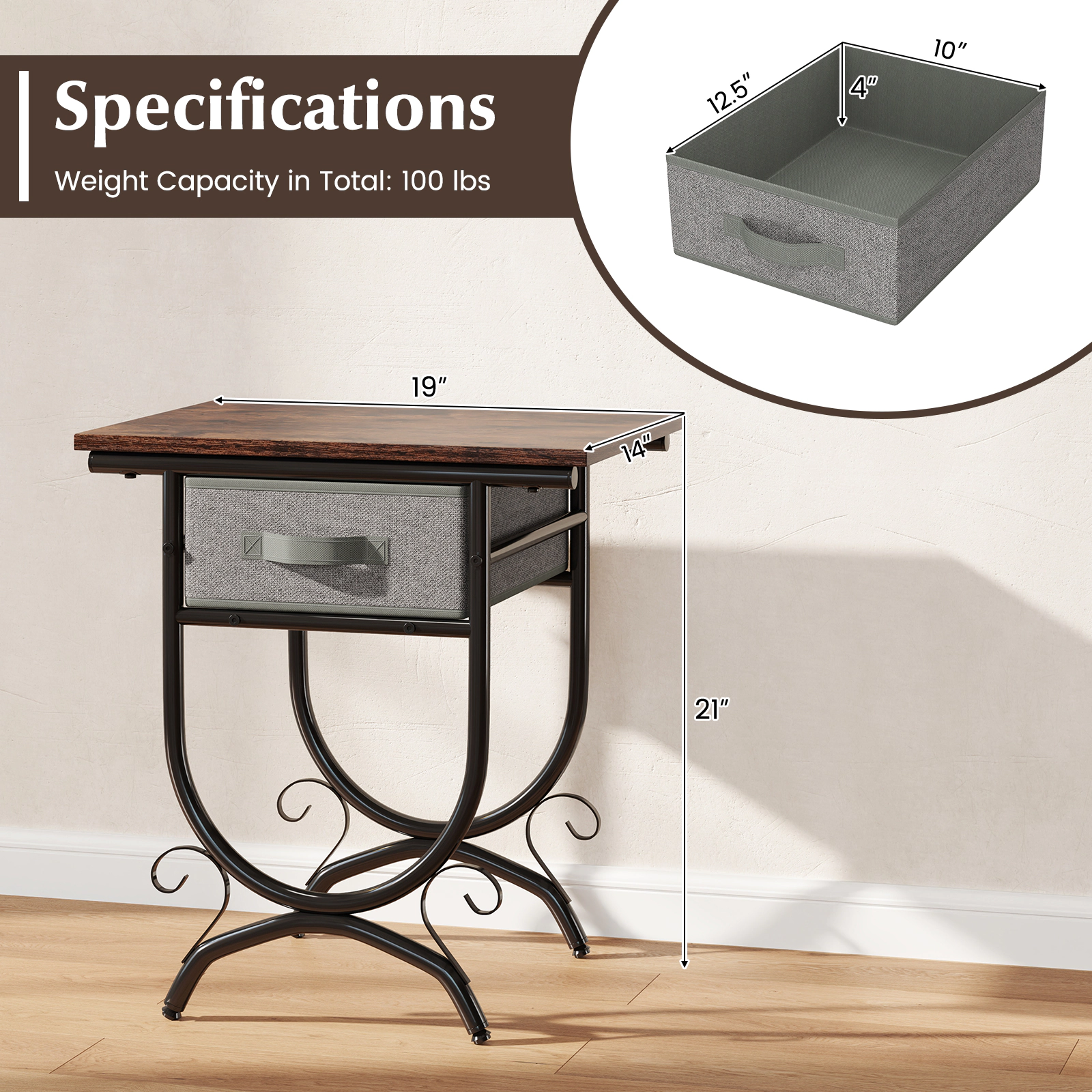 SUGIFT Wide Top Side Table Nightstand Foldable Fabric Drawer & Carved Metal Frame 88-lb Tabletop Capacity Black & Gray