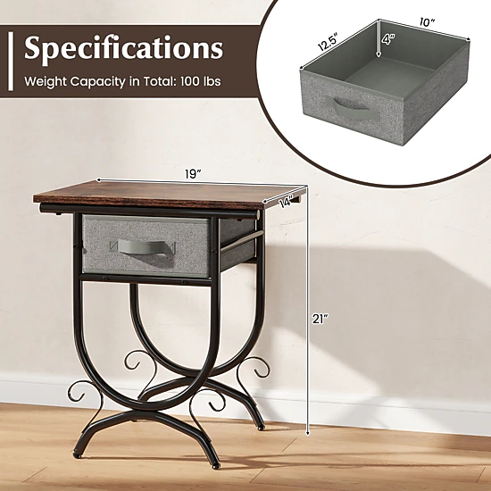 Hivvago Metal Frame Side Table with Carved Design and Fabric Storage