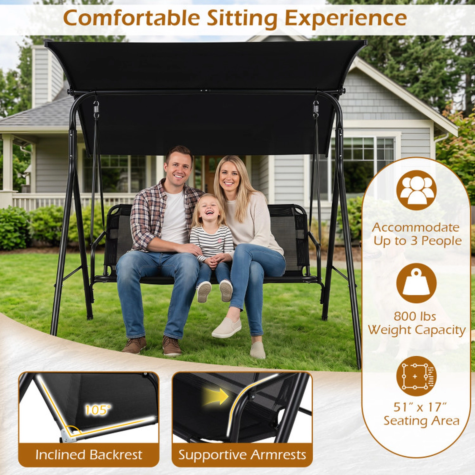 SUGIFT 3-Seat Outdoor Patio Swing Chair with Adjustable Canopy 800-lb Capacity Breathable Mesh Fabric Beige/Black
