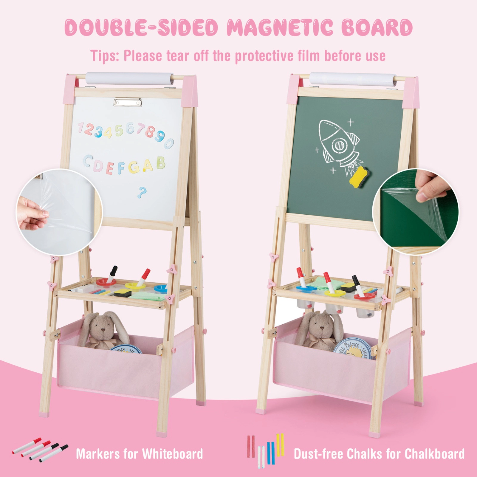 SUGIFT Pink Paper Roll and Storage Bag 3-in-1 Double-Sided Adjustable Kids Easel