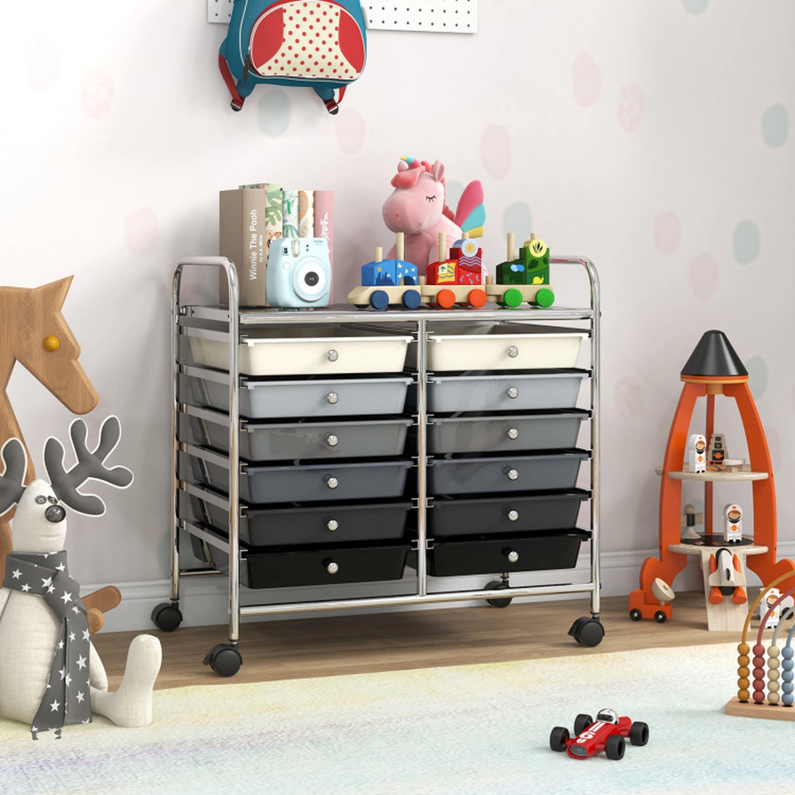 SUGIFT 12-Drawer Rolling Storage Cart with Steel Frame 34-in Tall for Home and Office Gradient Gray