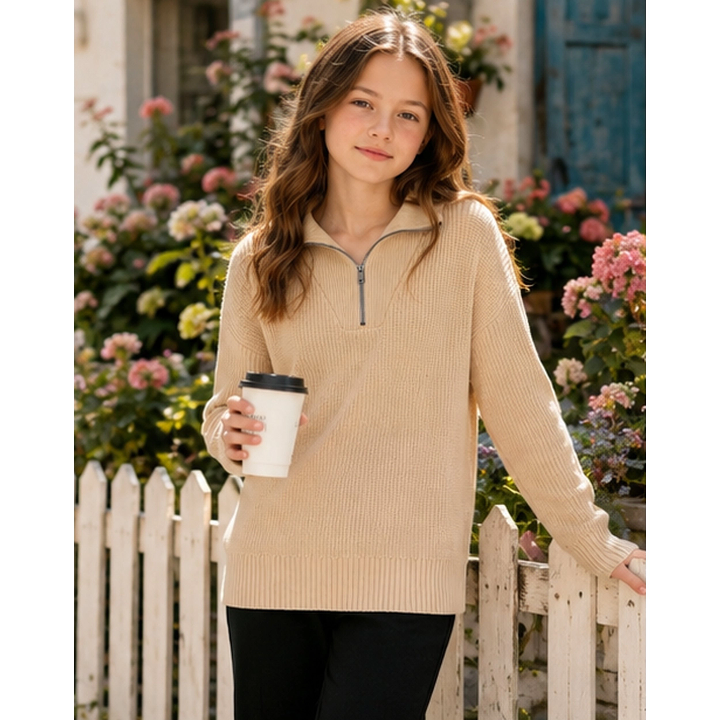 Arshiner Girls Quarter Zip Pullover Sweater Collared Long Sleeve Knit Casual Loose Fit Top