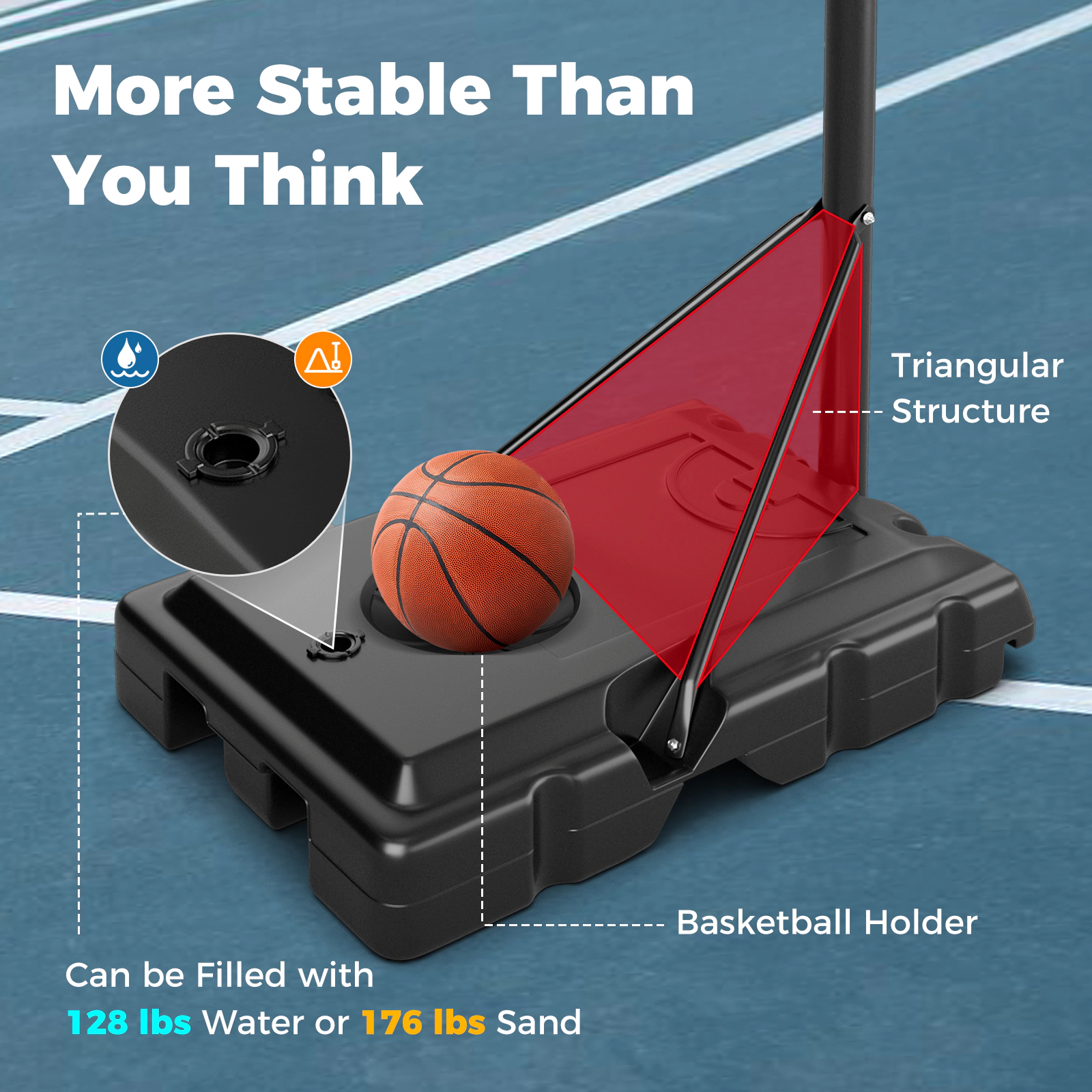 SUGIFT Black Portable Basketball Hoop with 44-in Shatterproof Backboard and 2 Wheels 4.4-ft to 10-ft H 18-in Rim