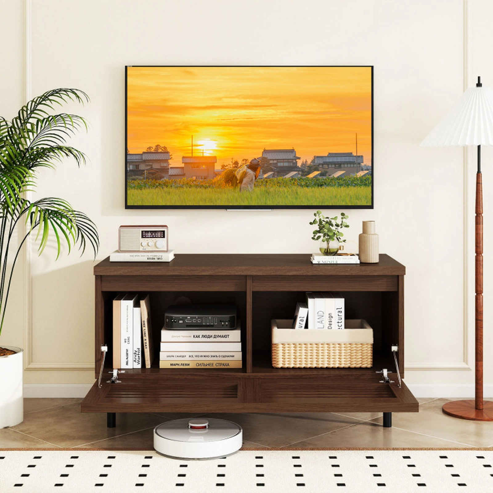 SUGIFT 35.5 in TV Stand Walnut Mid Century Fluted Console for 40 in TV with Hidden Compartments