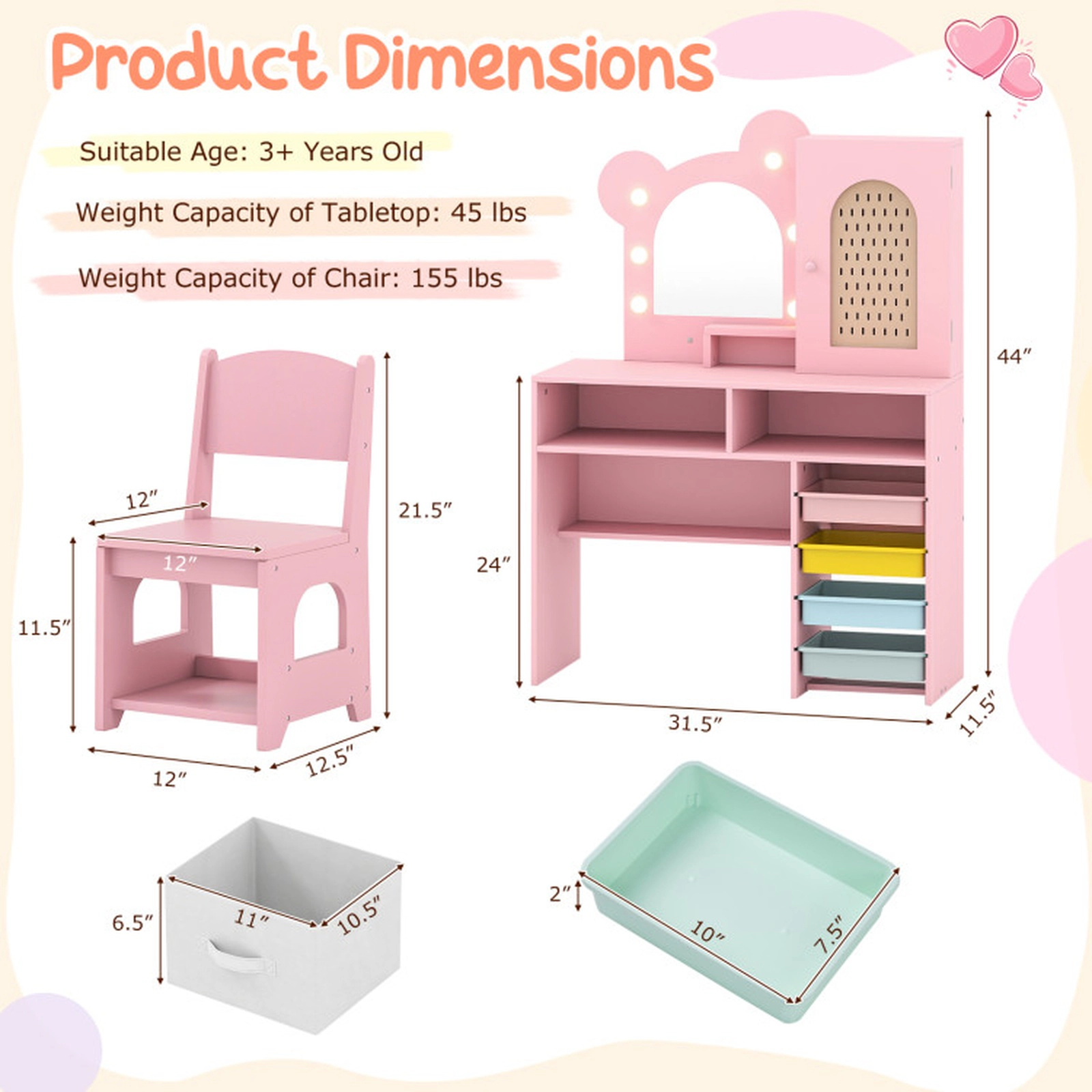 SUGIFT Kids Vanity with 3-Mode Lighted Mirror 5 Drawers and Chair 45-lb Tabletop Capacity Ages 3+ Pink/White