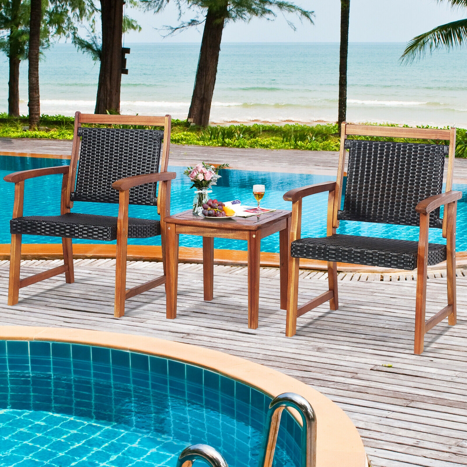 SUGIFT 3-Piece Reddish Brown Rattan Bistro Set with Acacia Wood Chairs and Side Table