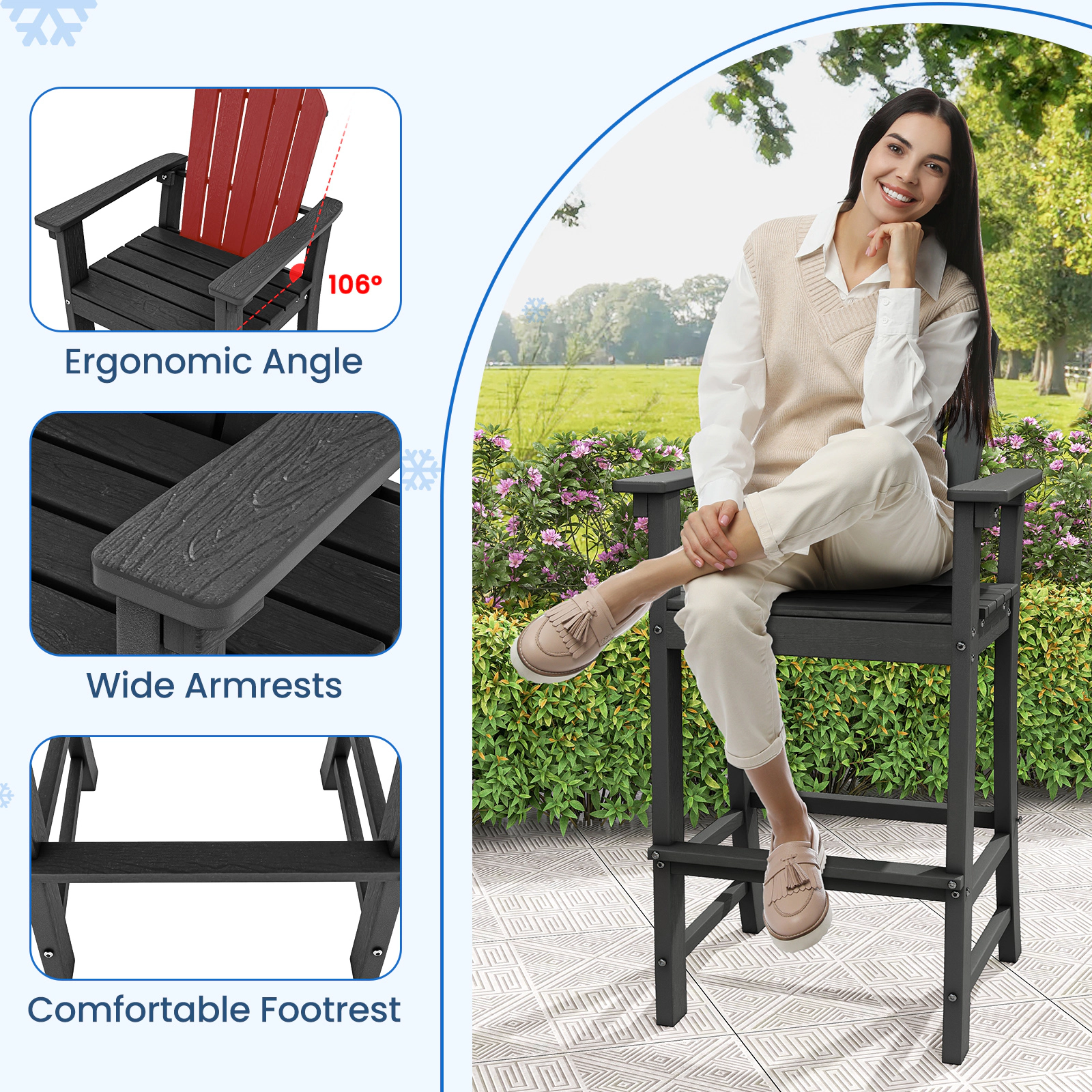 SUGIFT Set of 2 Black 30-Inch HDPE Outdoor Bar Stools with Armrests and Footrests