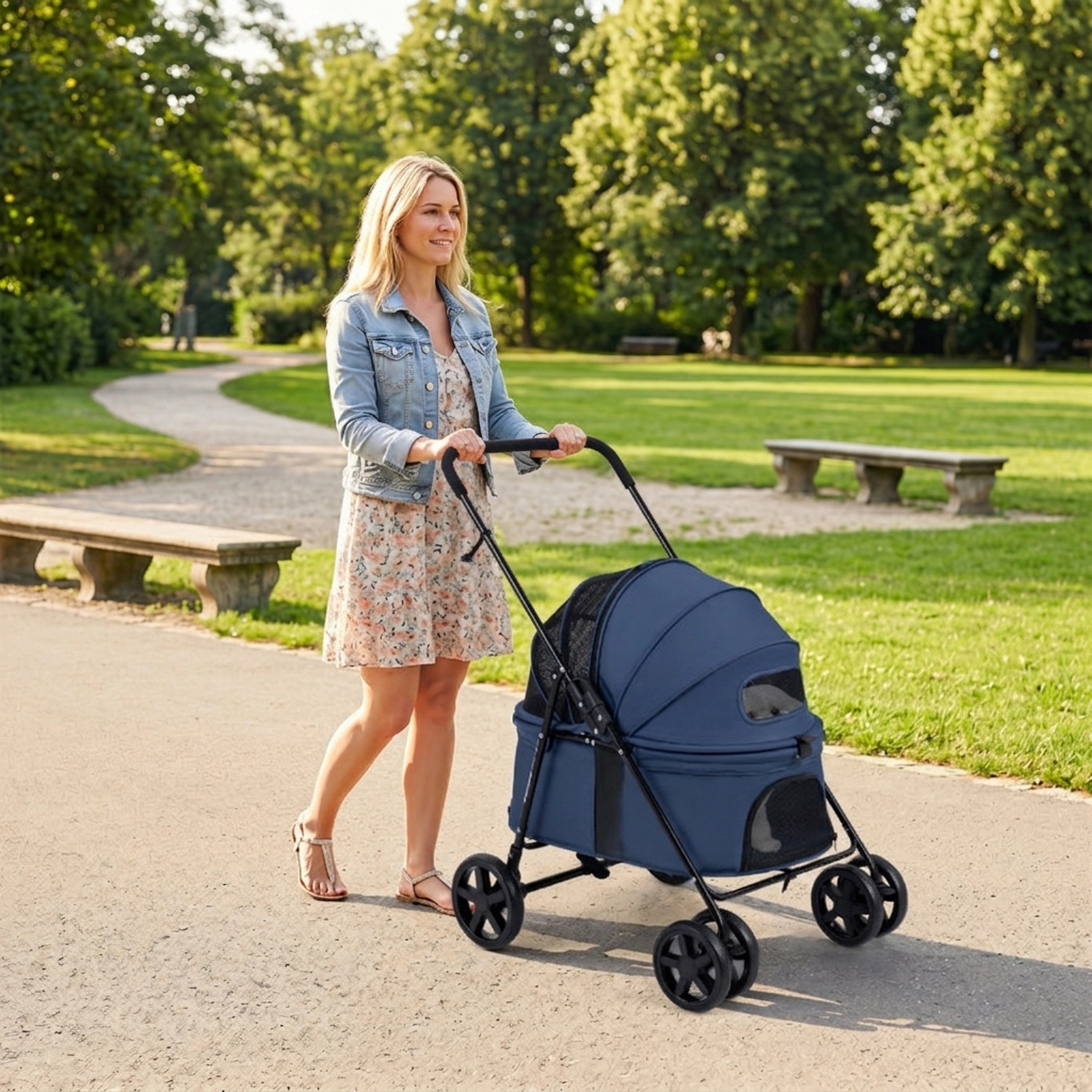 SUGIFT Navy Folding Pet Stroller with Swivel Front Wheels 31.5-in W 22.5-in D 39.5-in H 33-lb Cabin Capacity