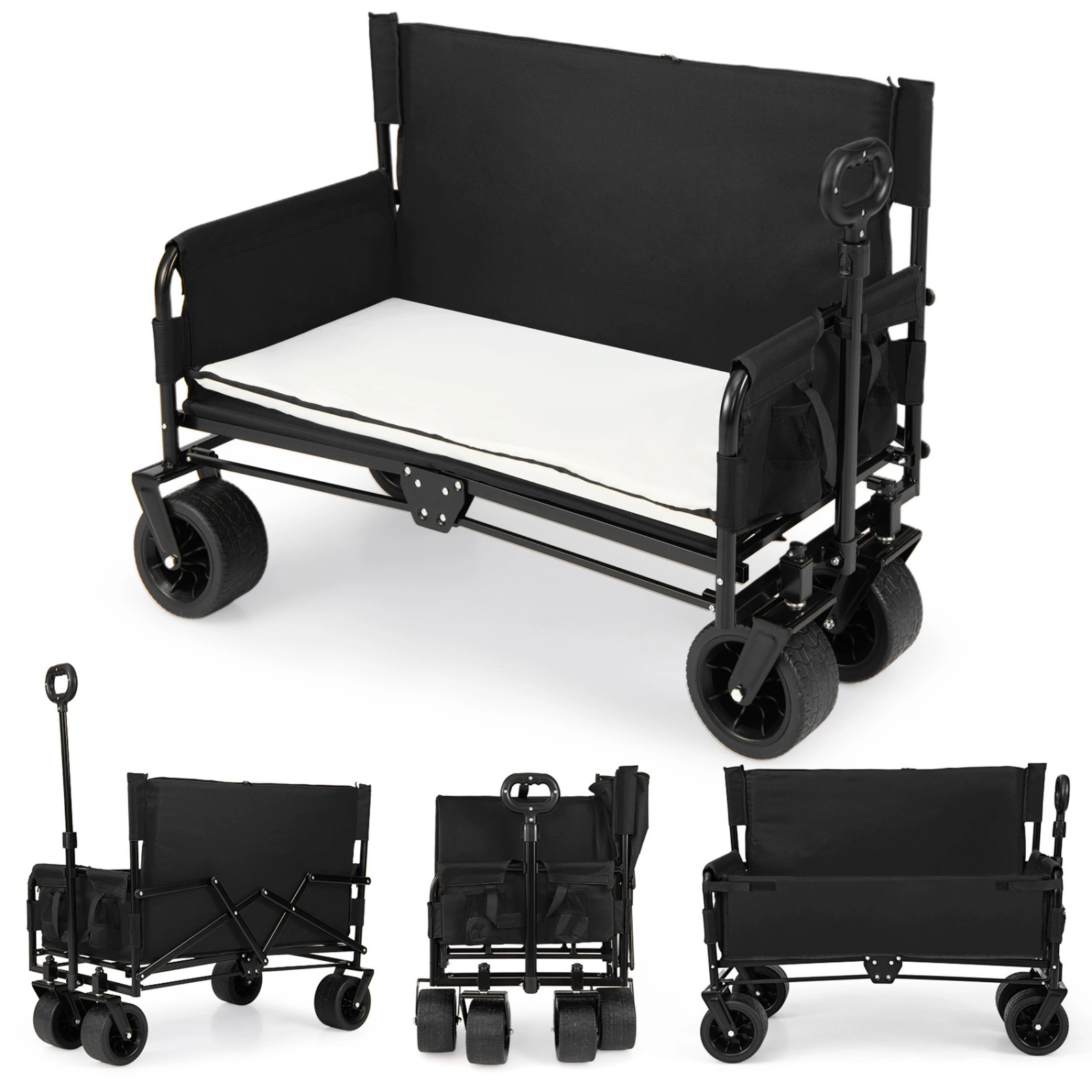 SUGIFT 2-in-1 Convertible Wagon Bench Seat Collapsible Beach Cart 176-lb Capacity 6.5-in Wheels 30-42-in Height Black
