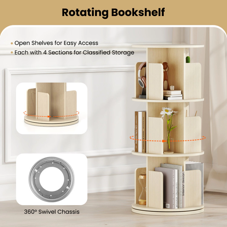 Hivvago 3-Tier Rotating Bookshelf with Dividers and Anti-falling Baffles