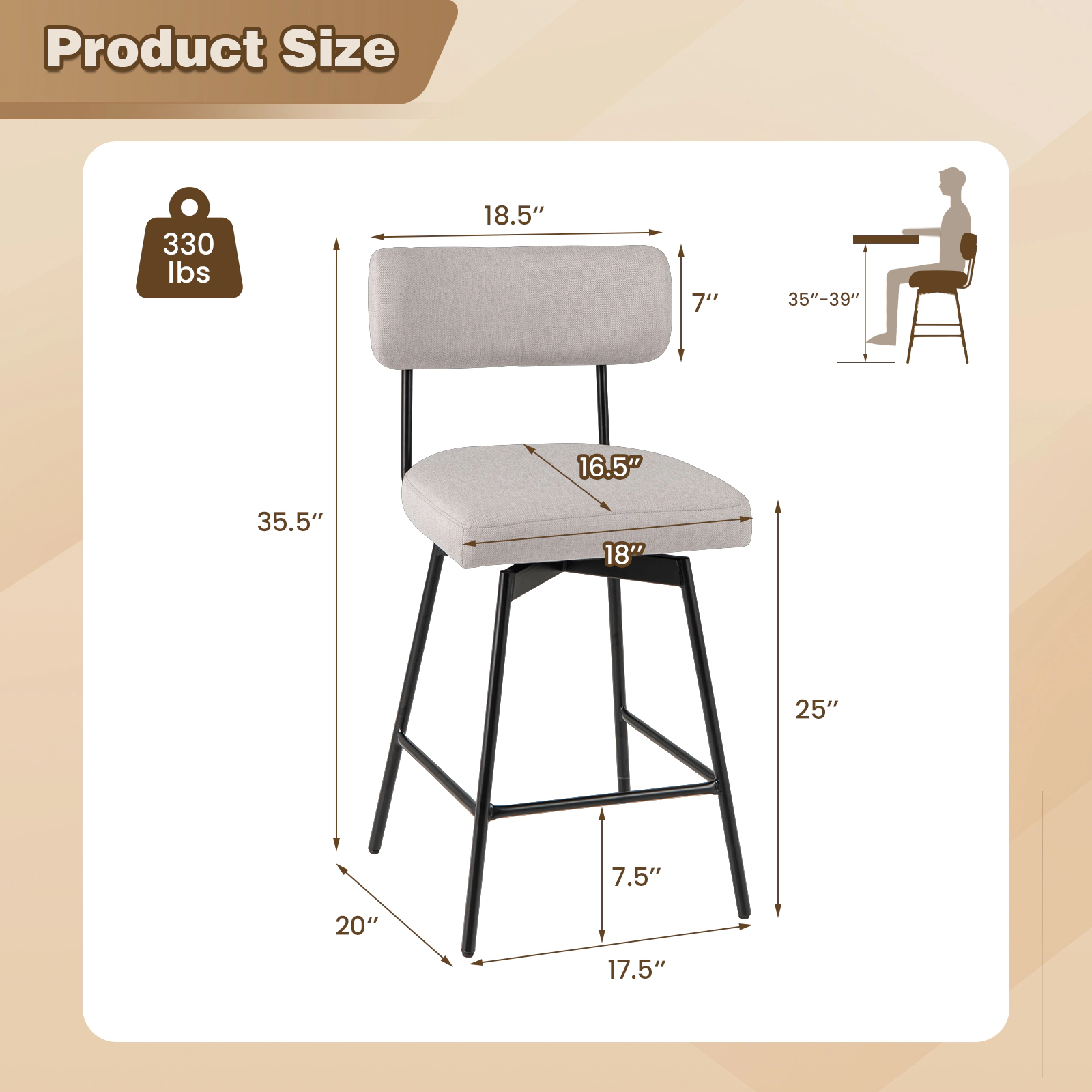 SUGIFT 25-in Seat-Height 2-Piece Modern Upholstered Bar Stools with 250-lb Capacity Back and Footrests Beige