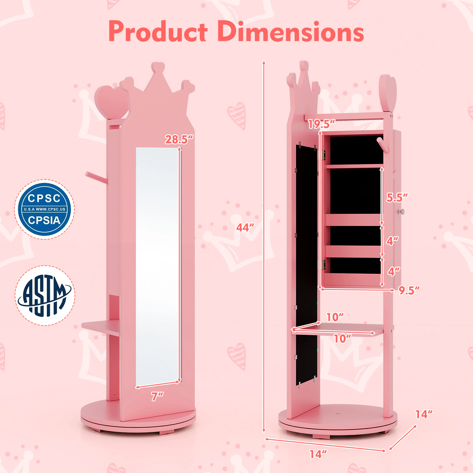 SUGIFT Pink Full Length Mirror Clothes Rack and Shelves Free-Standing Kids Jewelry Armoire