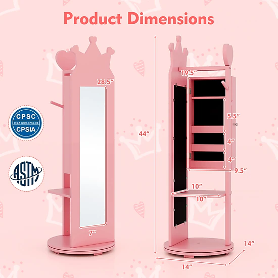 SUGIFT Pink Free-Standing Kids Jewelry Armoire with Full Length Mirror Clothes Rack and Shelves 44-in H