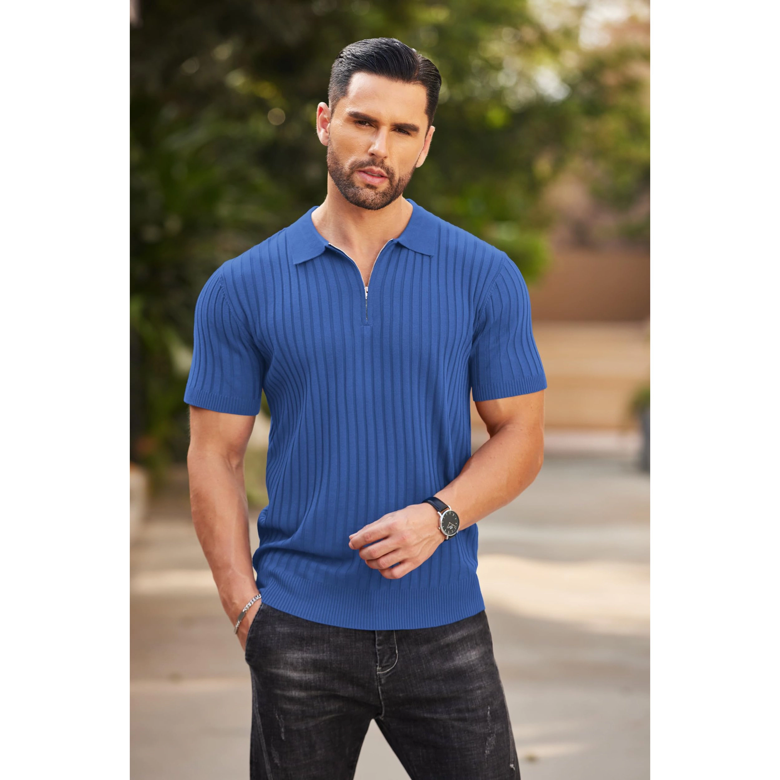 COOFANDY Men's Regular Fit Ribbed Knit Half Zip Short Sleeve Polo Shirt