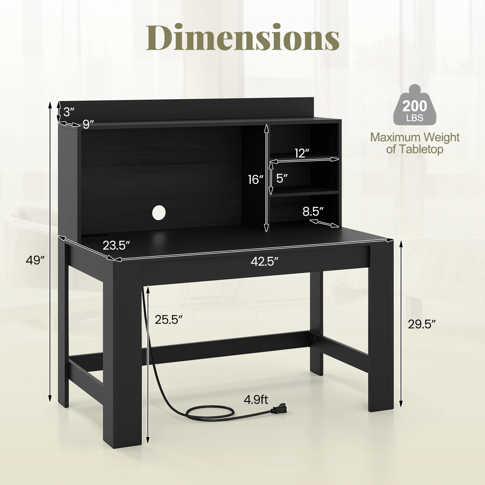 SUGIFT Black Hutch Storage Shelves and Charging Station 42.5 Inch Computer Desk