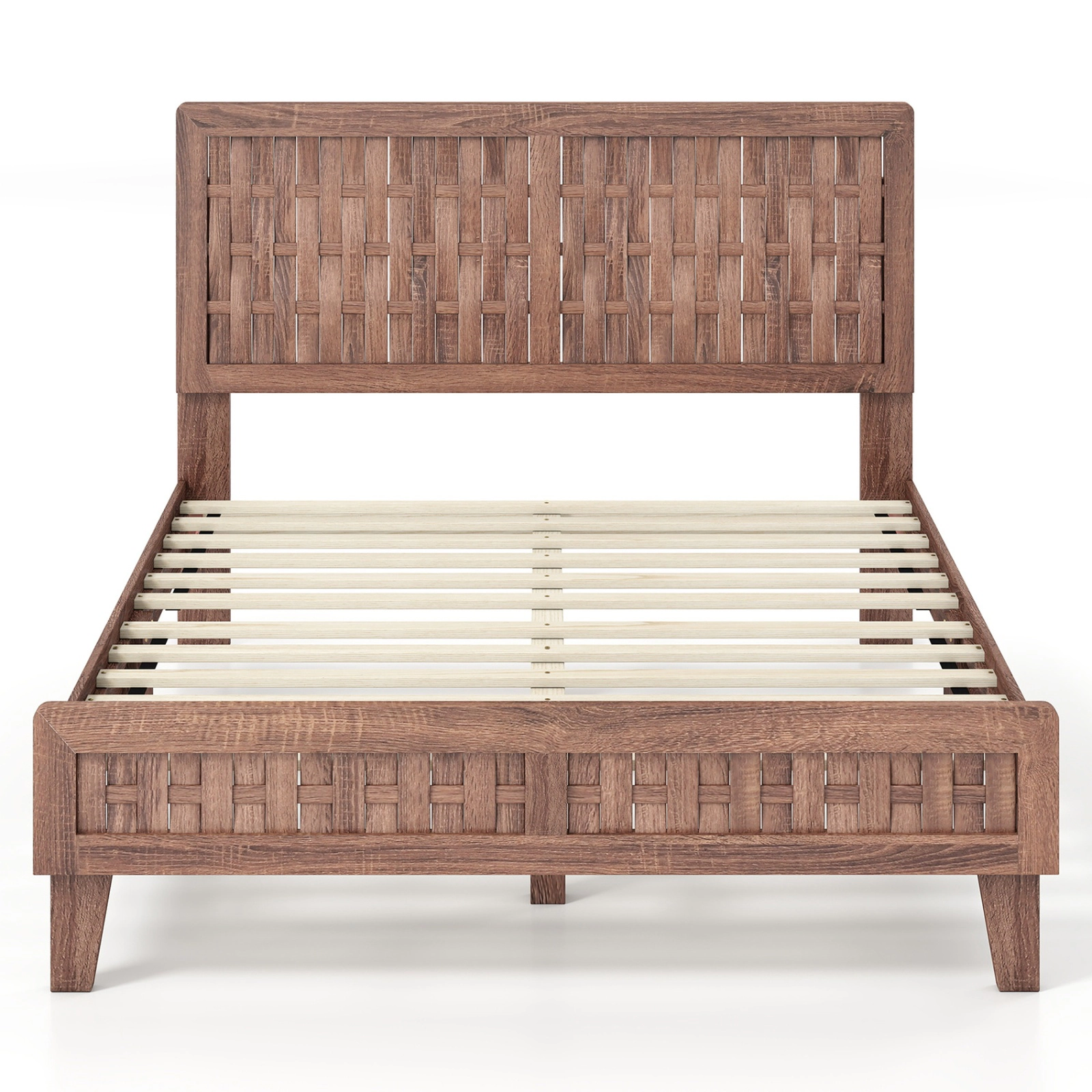 SUGIFT Mid Century Full Size Bed Frame with Woven Accent Headboard 705-lb Capacity Walnut Finish