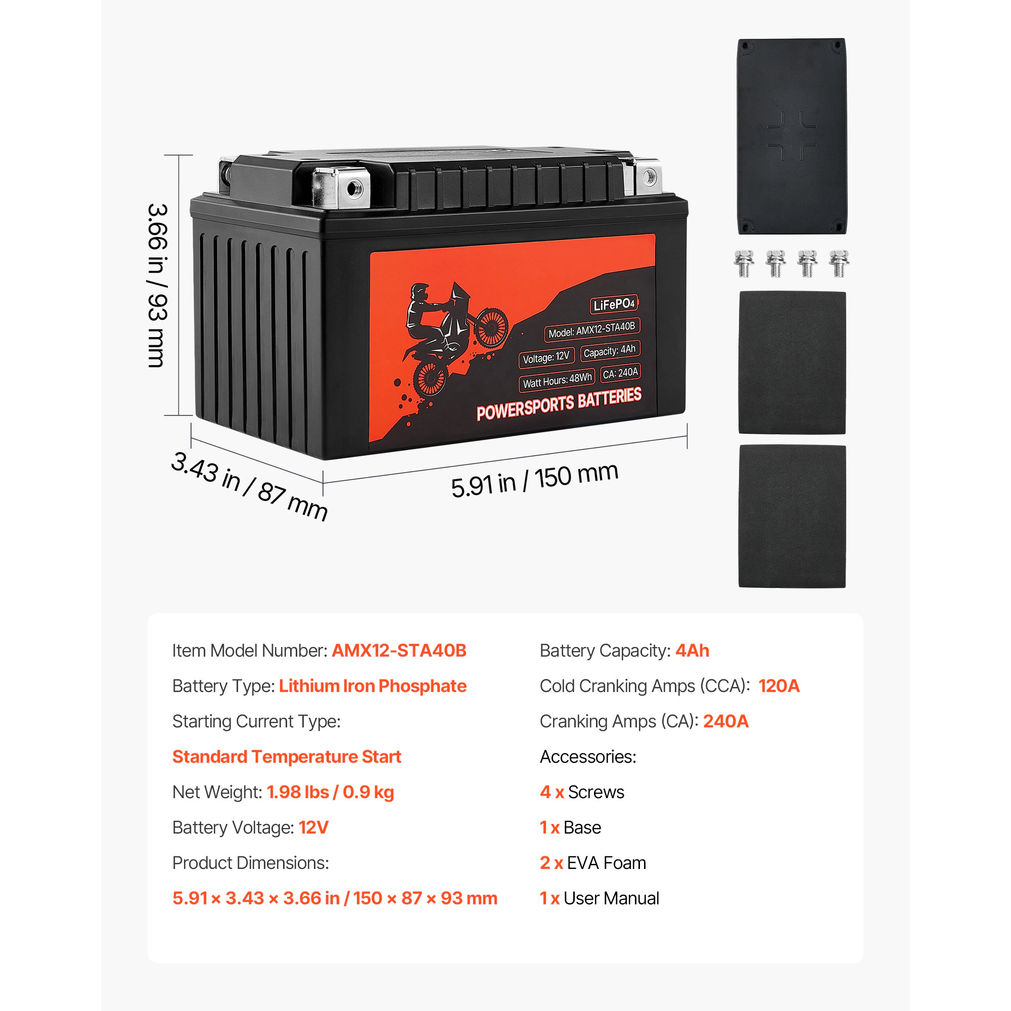 HONGGE Motorcycle Battery, 12 Volt, LiFePO4 Lithium Pre-Charged Powersports Maintenance Free & High Performance