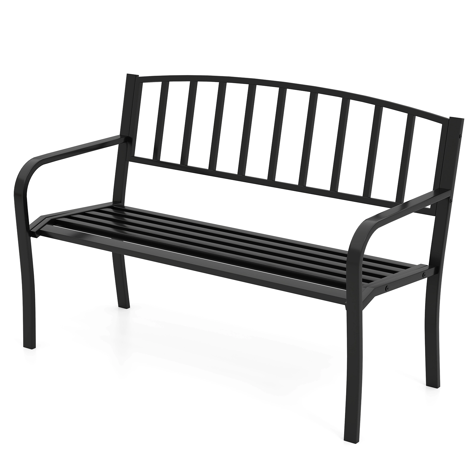 SUGIFT 50-Inch Black Metal Outdoor Garden Bench, 660-Lb Capacity, Slatted Backrest and Curved Armrests