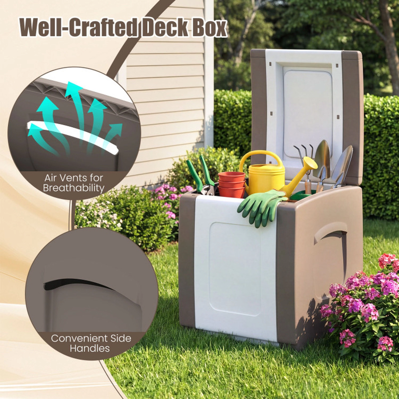 SUGIFT 27-Gallon 180-lb Capacity Waterproof PP Small Outdoor Deck Box with Vented Side Handles and Lid