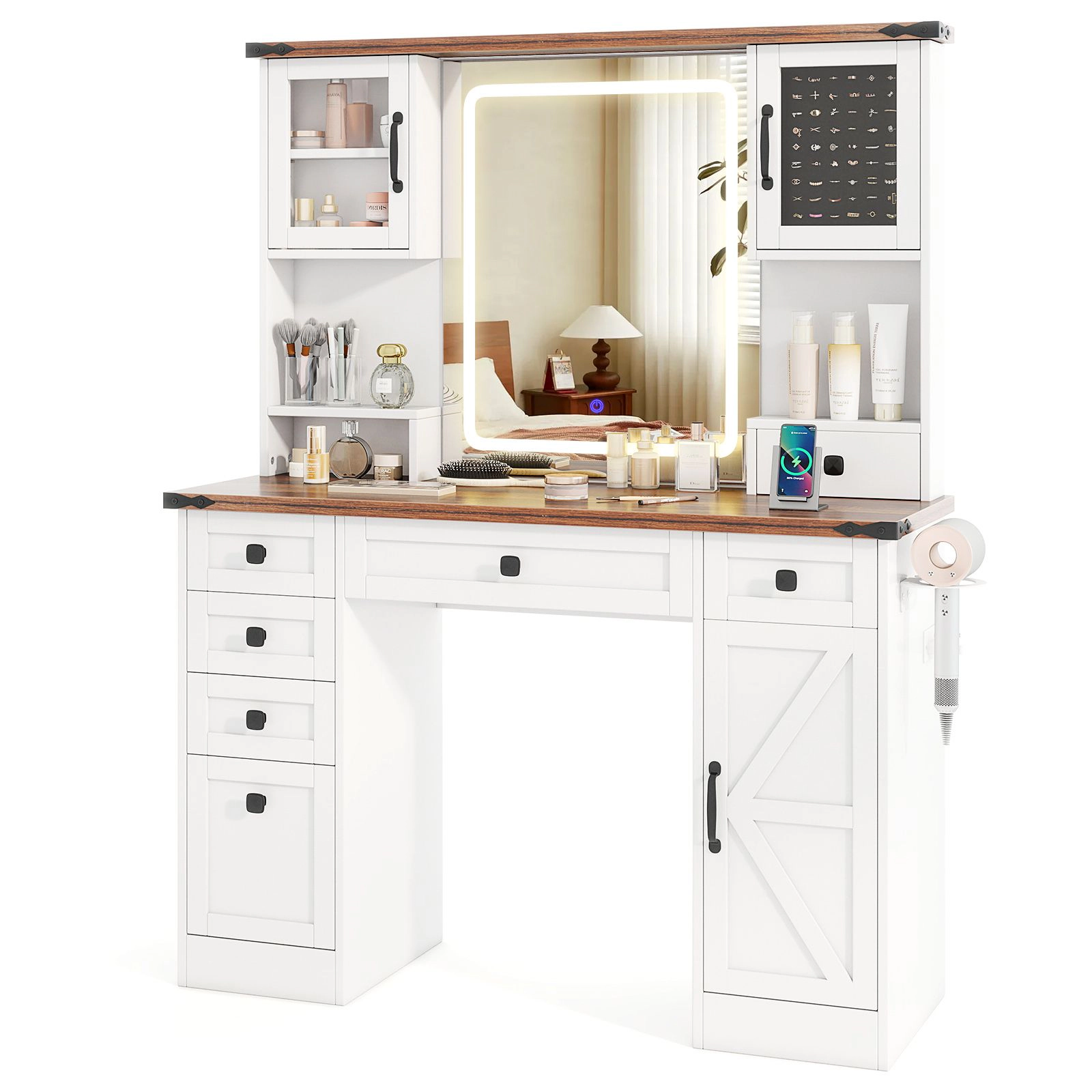 SlickBlue Lighted Vanity Table with Mirror and Jewelry Storage Cabinet