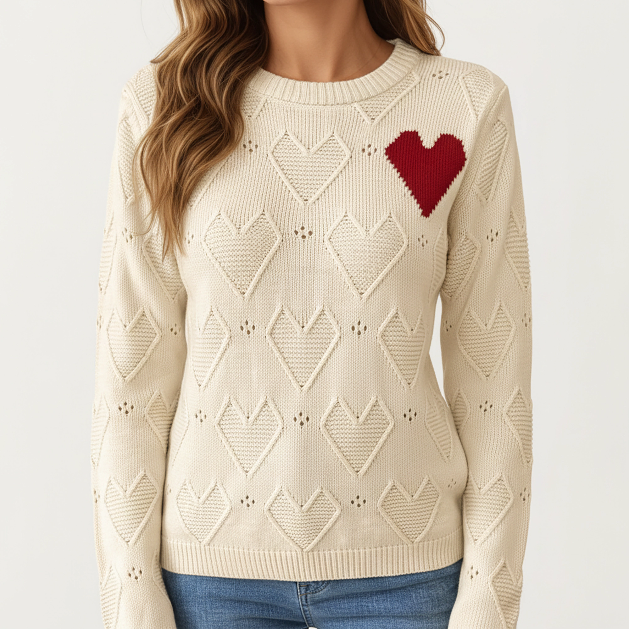 Anna-Kaci Women's Knit Top with Textured Valentine Heart Pattern and Contrast Accent Detail