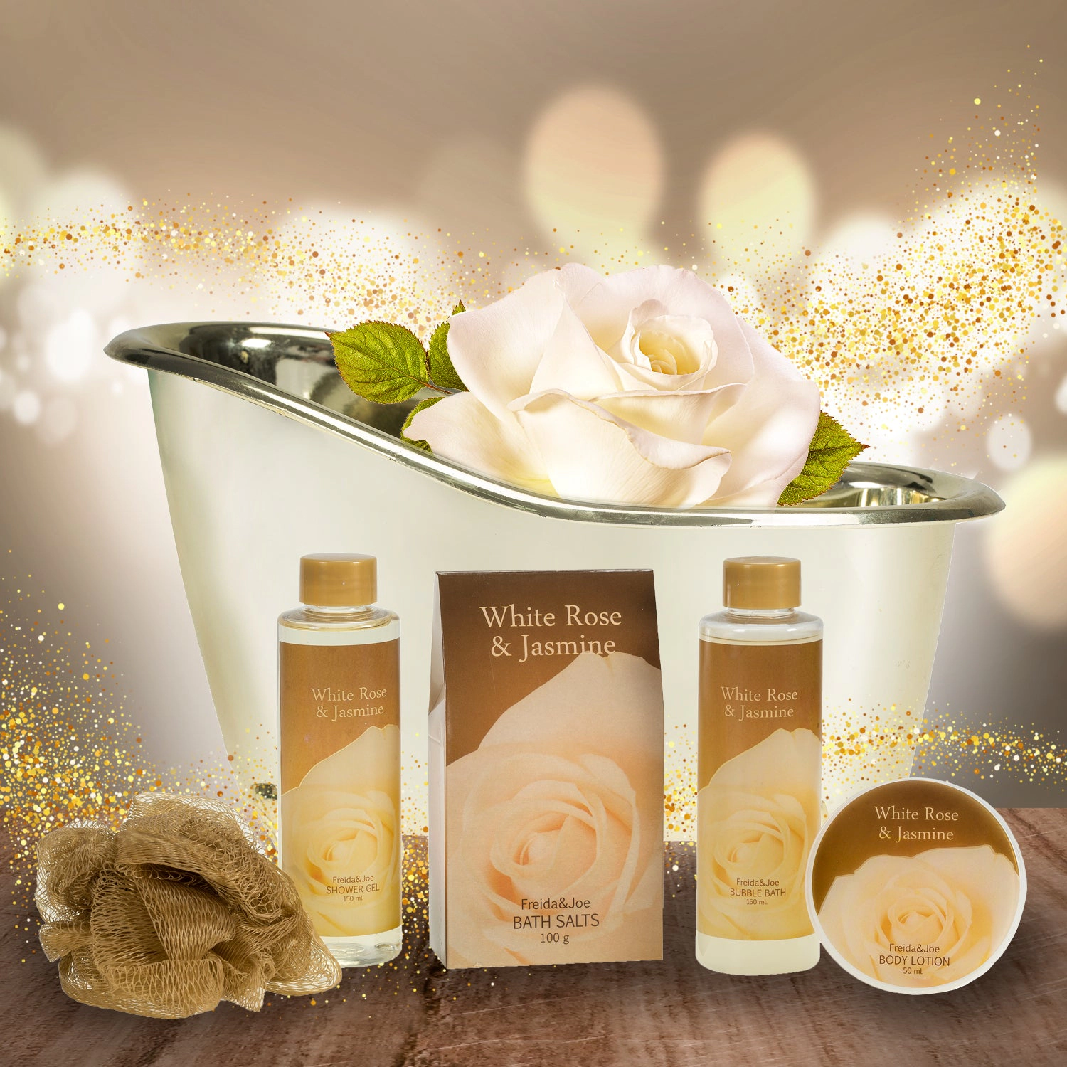 Freida and Joe Women White Rose Jasmine Gold Tub Spa Basket: Shower Gel, Bubble Bath, Body Lotion, Bath Salts