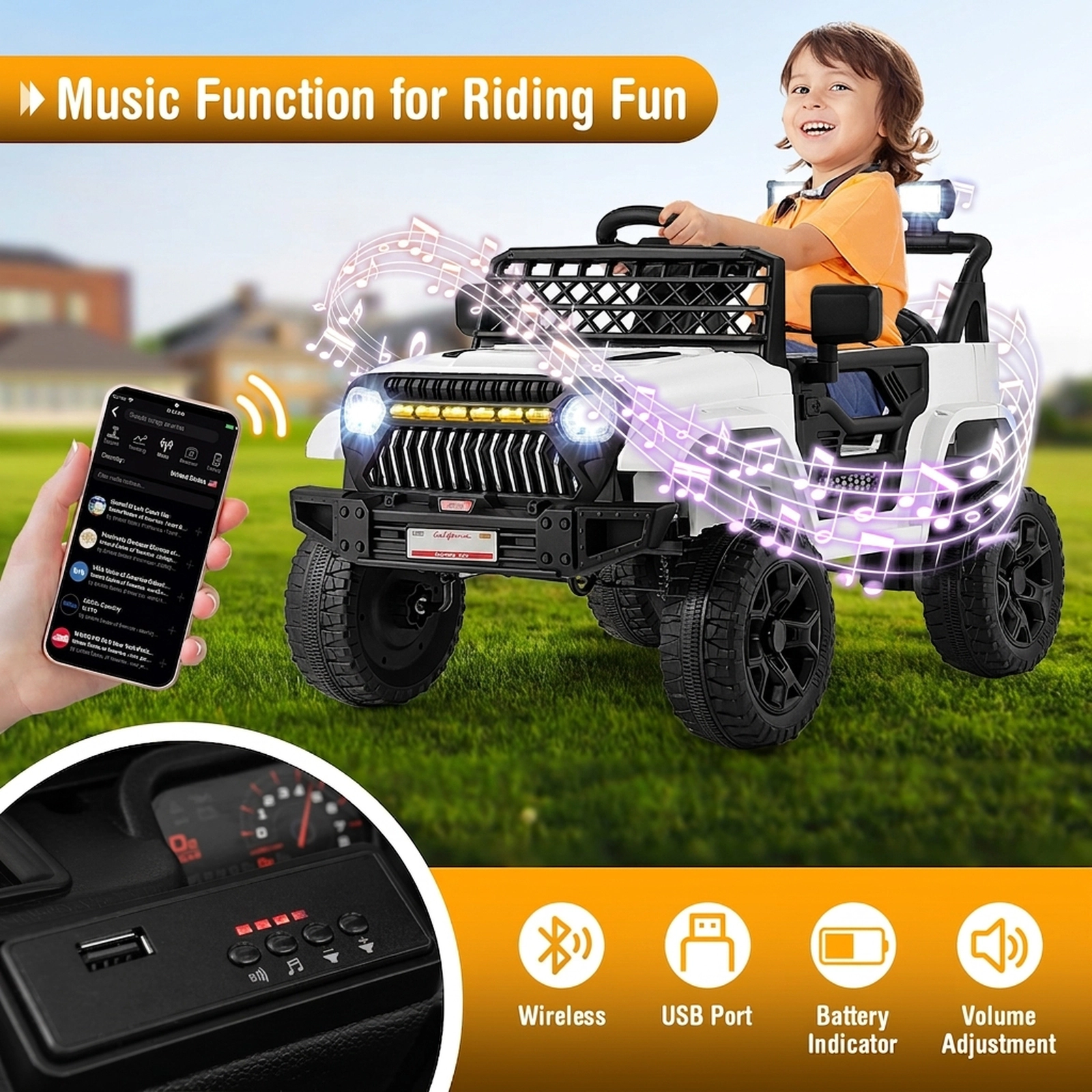 12V Kids Ride On Truck with Parent Remote Two-Level Child Speed and USB Music Player for Ages 3+ LED Lights Electric Car