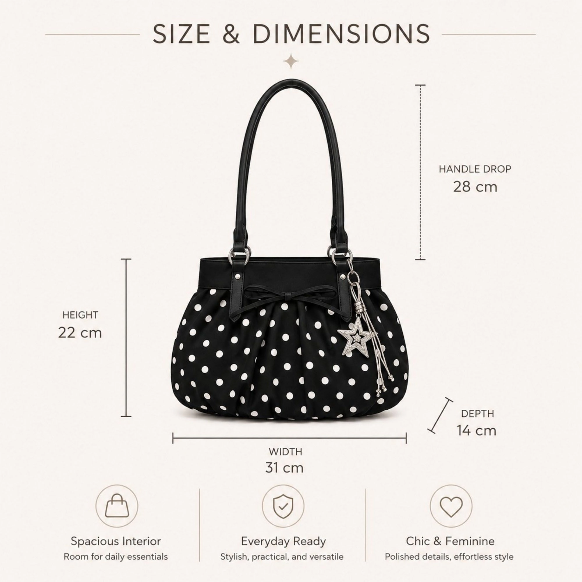 Alilang Women's Polka Dot Ruched Shoulder Bag with Bow Detail and Metal Charm