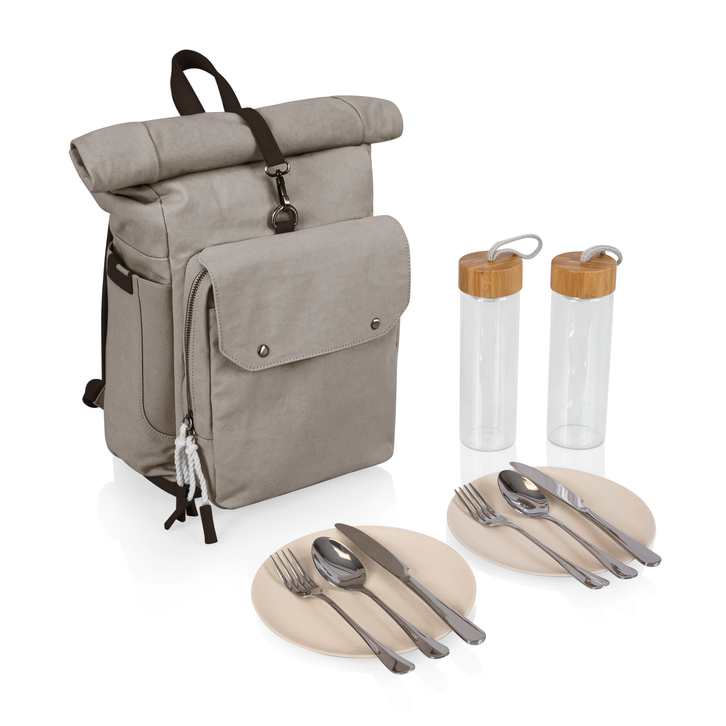 Picnic TIME Carmel Roll Top Backpack Cooler with Utensil Set & Glass Water Bottles
