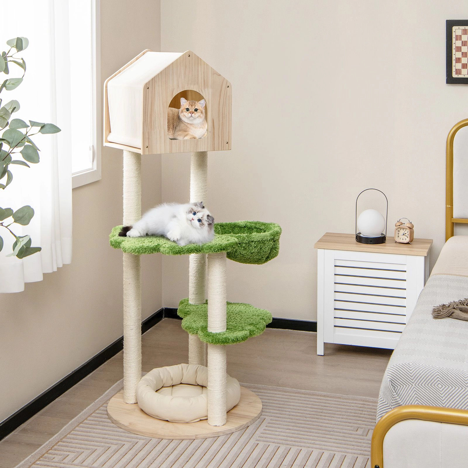 SlickBlue 55" Green Beige Cat Tree with Condo Hammock Scratching Posts