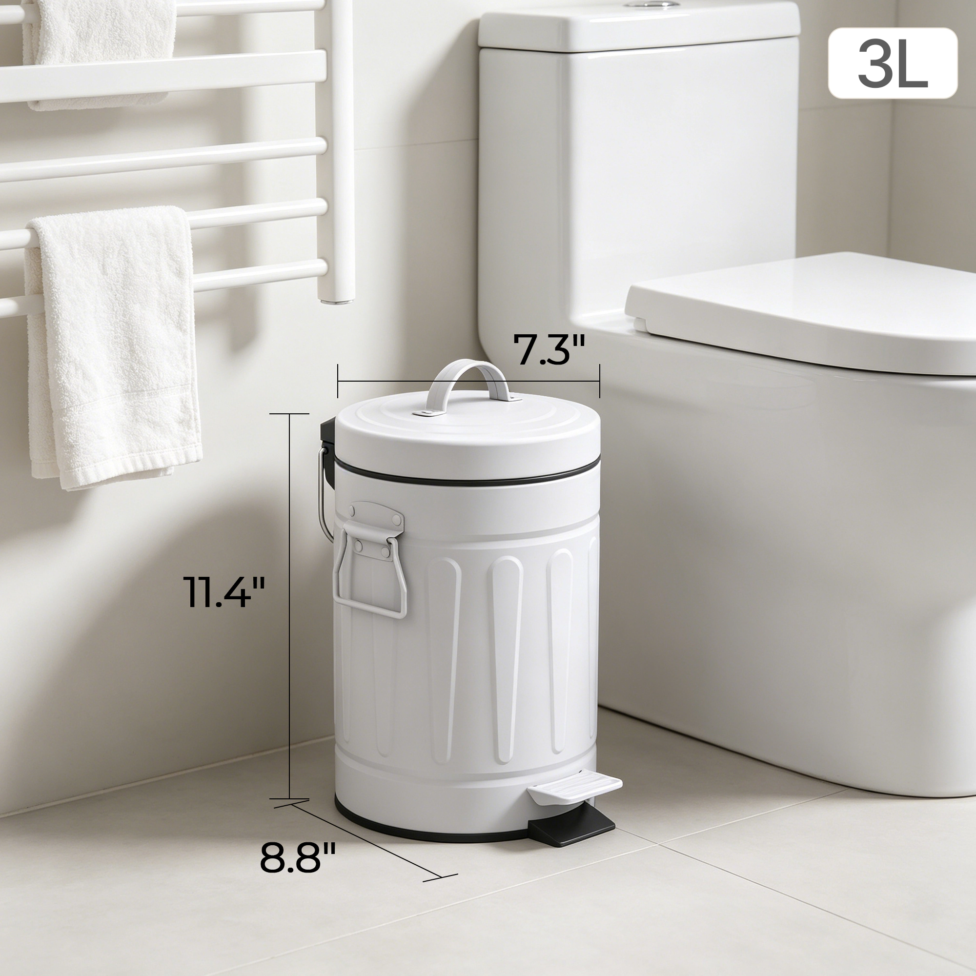 Innovaze 3.2 Gal./12-Liter and 0.8 Gal./3 Liter Old Time Style Round  White  Metal Step-on Trash Can Set
