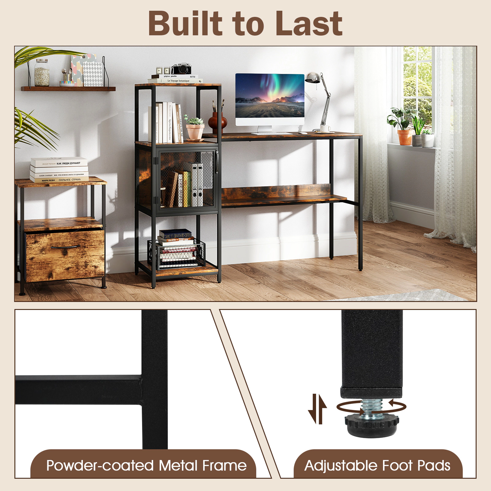 SUGIFT 51 in Computer Desk Rustic Brown with Integrated Bookshelf and Under-Desk Shelf