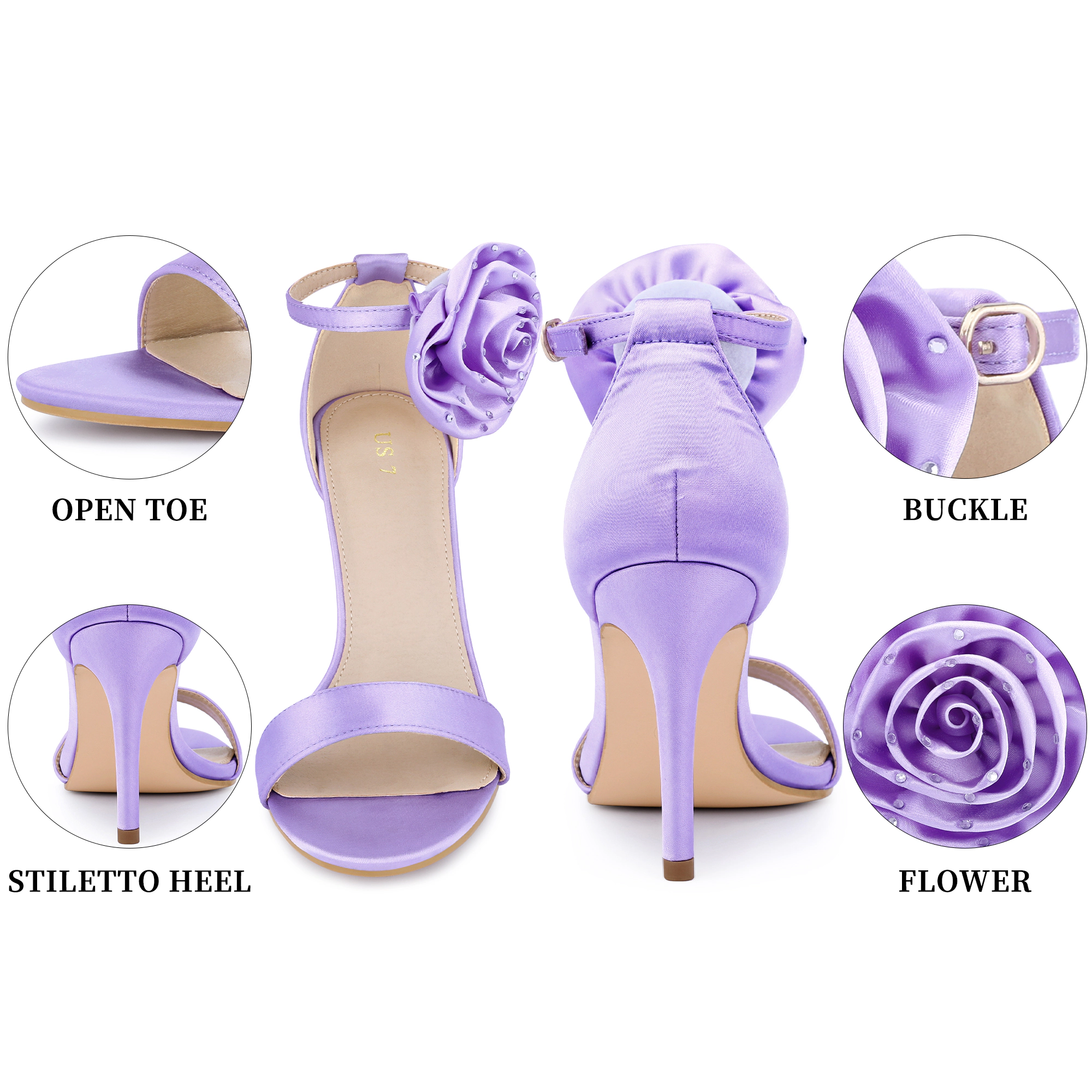 BLISSFUL STEP Women's Wedding Satin Flower Ankle Strap Stiletto Heel Sandals