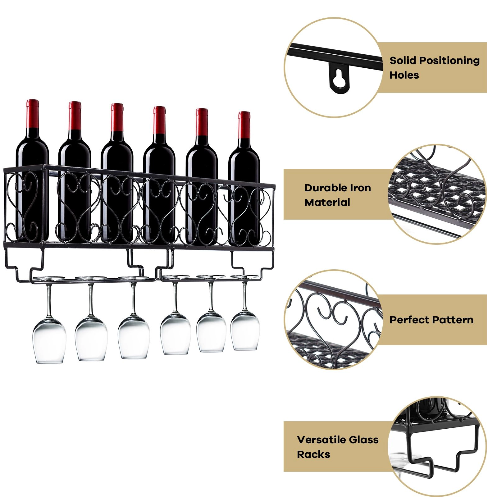 SlickBlue Wall Mounted Wine Rack with Glass Holder and Bottle Storage