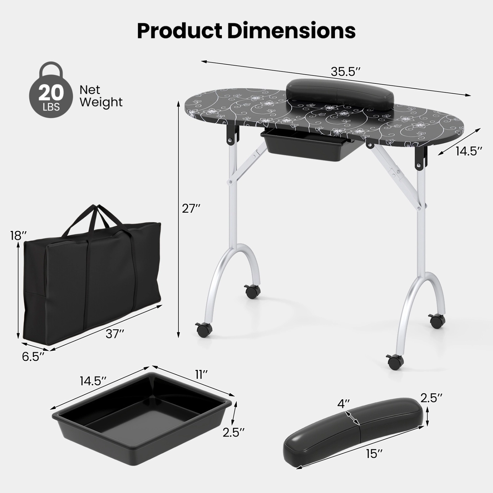 SUGIFT Folding Storage Drawer Wrist Cushion 4 Lockable Casters Manicure Nail Desk 35.5-in x 14.5-in x 27-in Black