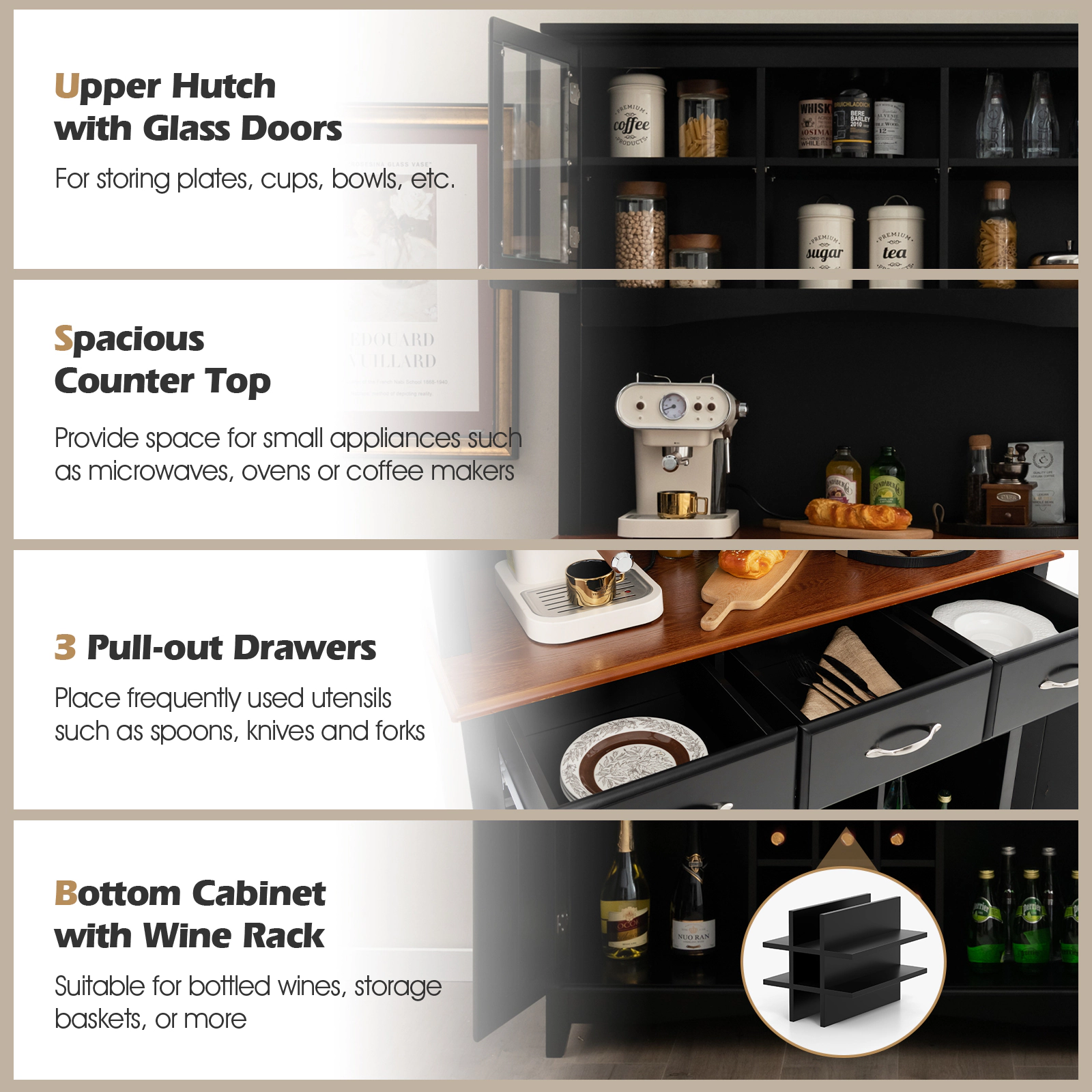 Glintex 72.5-Inch Buffet and Hutch with Glass Doors 9-Bottle Wine Rack