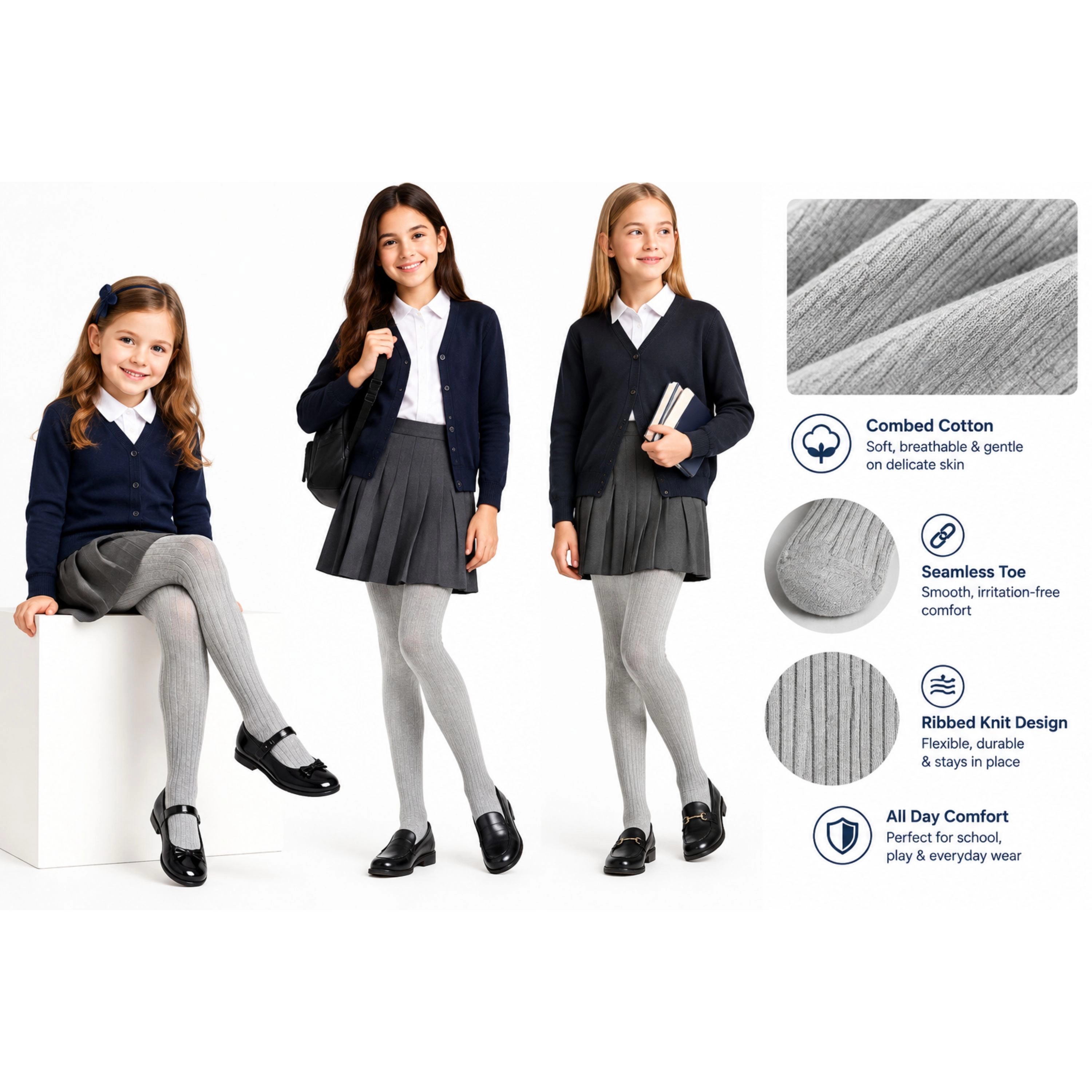 Wear Sierra Girls' Seamless Toe Cotton Tights  School Uniform Navy & Gray