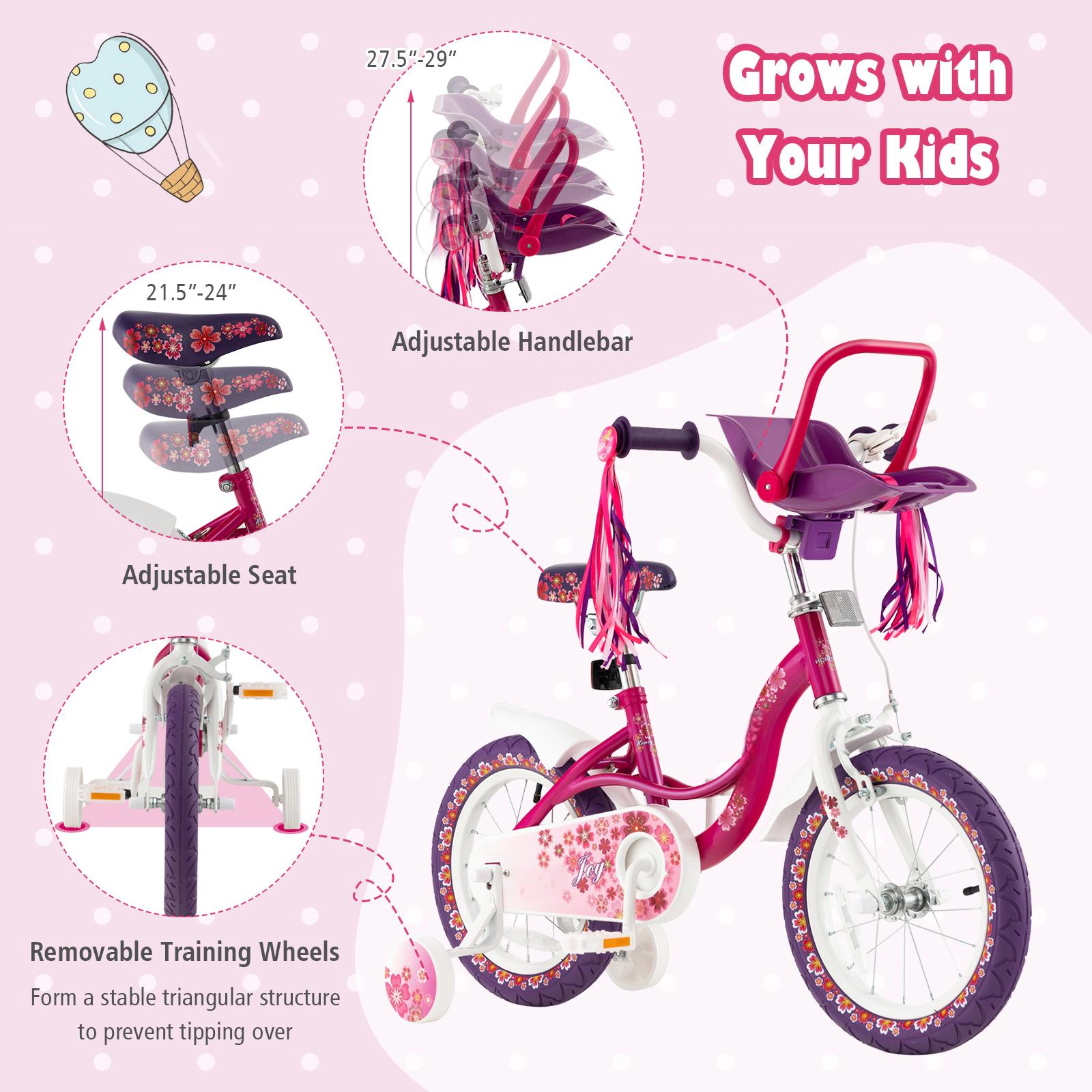 SUGIFT 14-in 80-lb Capacity Kids Bike with Detachable Doll Seat Reflectors and Removable Training Wheels