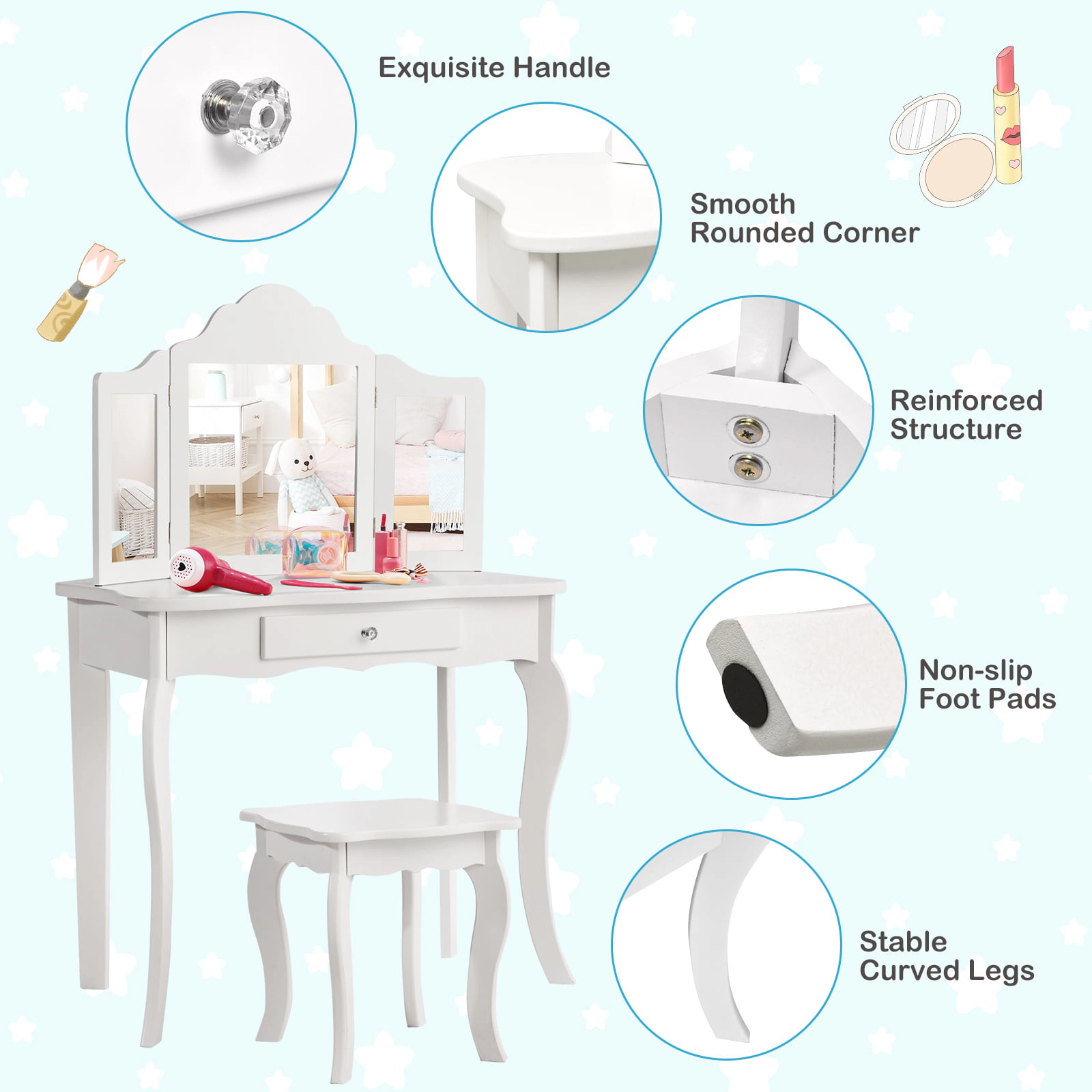 SUGIFT Kids Makeup Dressing Mirror Vanity Table & Stool Set 27.5-in Dresser 33-lb & 66-lb Capacity Pink/White 2-Piece