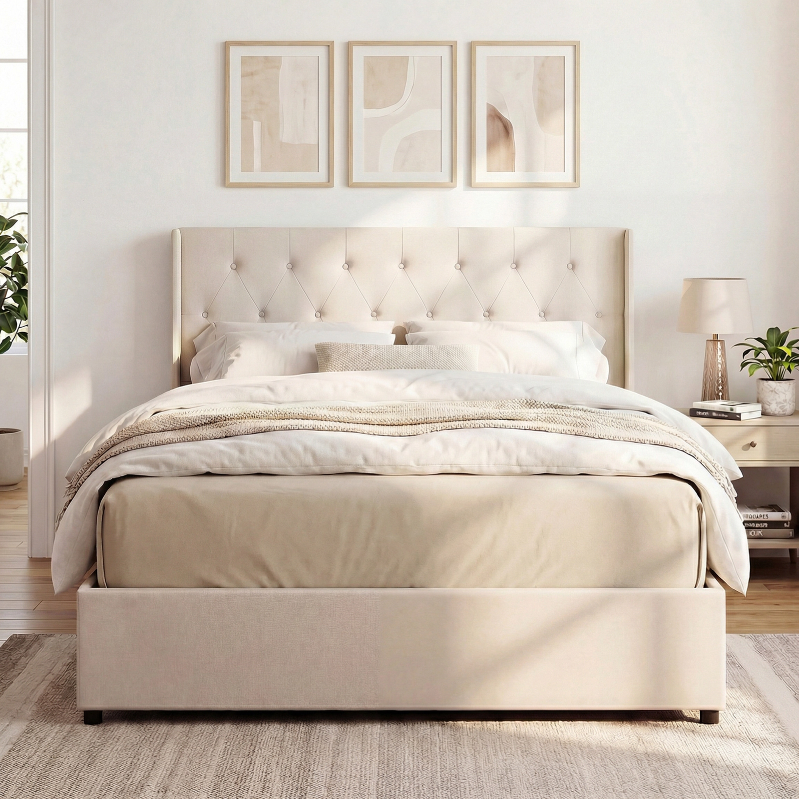 LJG Queen Lift-up Storage Bed Modern Linen Upholstered Platform