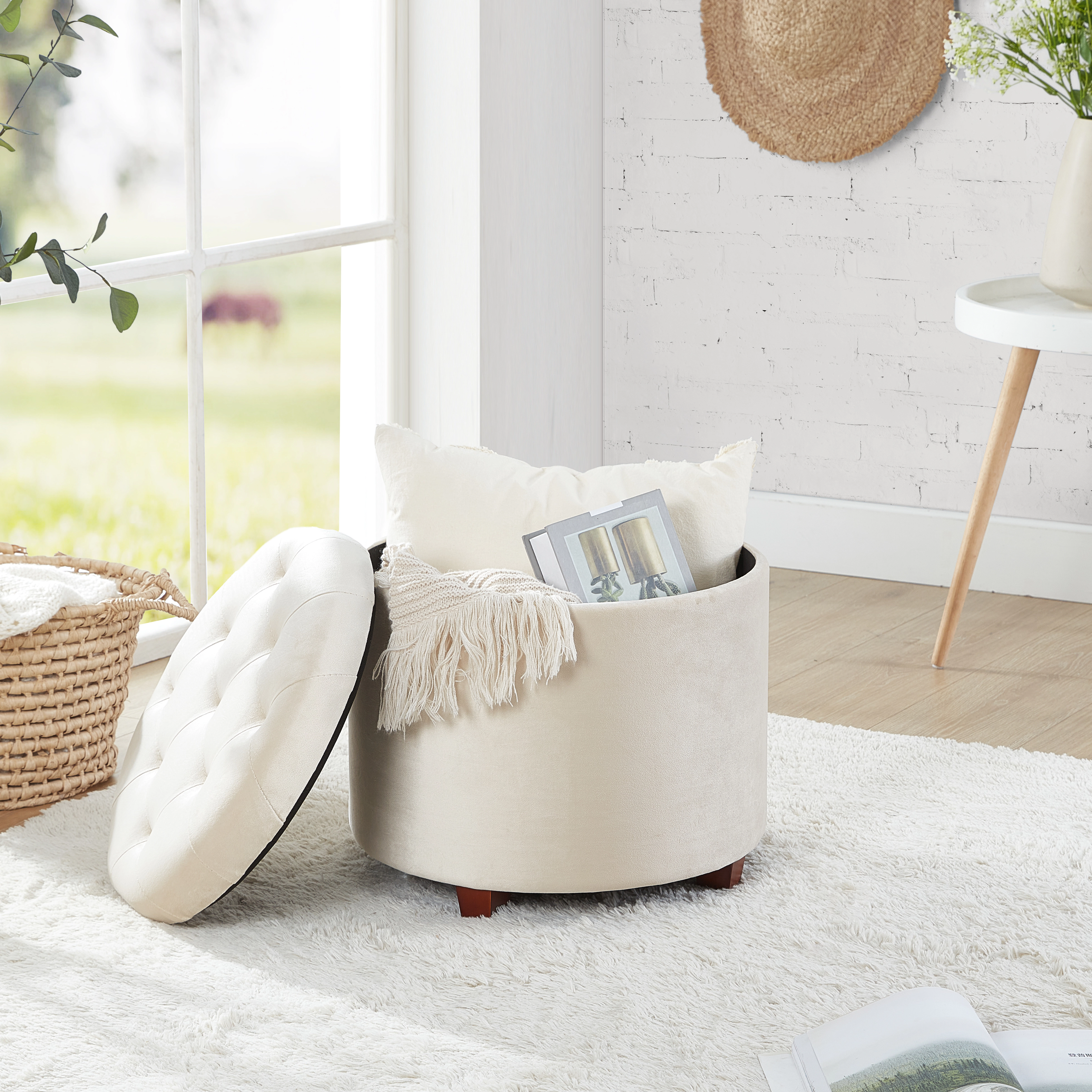 Ornavo Home Velvet Upholstered Round Tufted Storage Ottoman with Wooden Legs