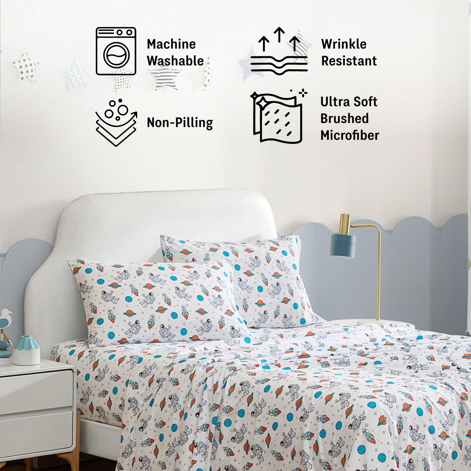 HLC.ME UFO Space Printed Boys Bed Sheets Set - Wrinkle Resistant & Ultra Soft Fits Mattresses up to 15 Inches Deep