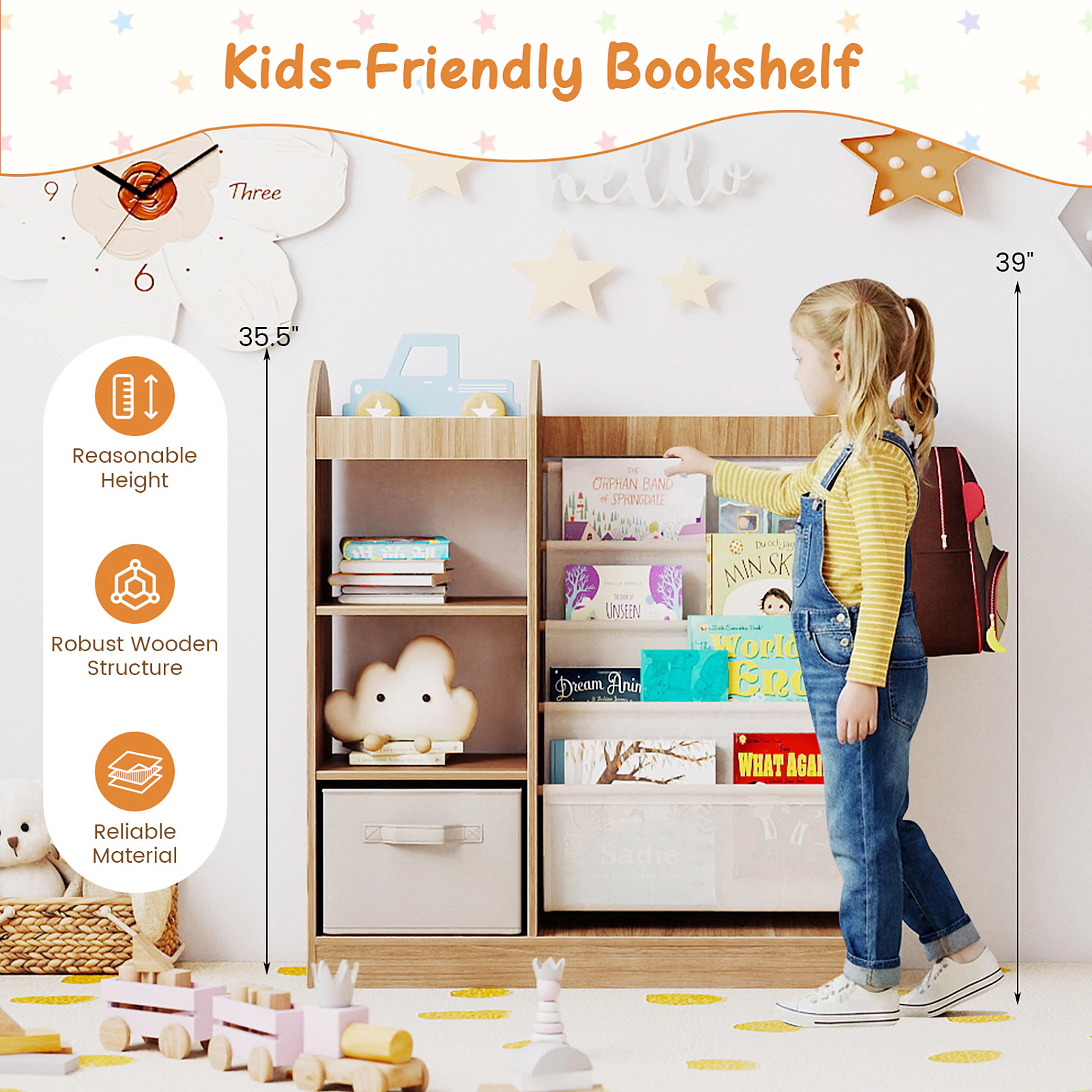 SUGIFT Kids 4-Tier Sling Shelves Mirror Fabric Drawer Toy Storage Organizer 34.5-in x 12-in x 35.5-in Ages 3+ Natural