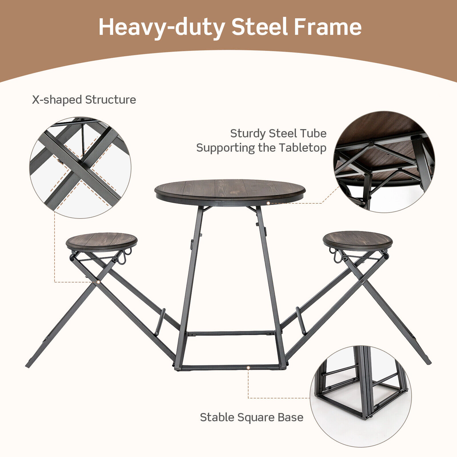 SUGIFT Space-Saving Round Dining Table Set with Foldable Stools 110-lb Table 330-lb Stools Gray