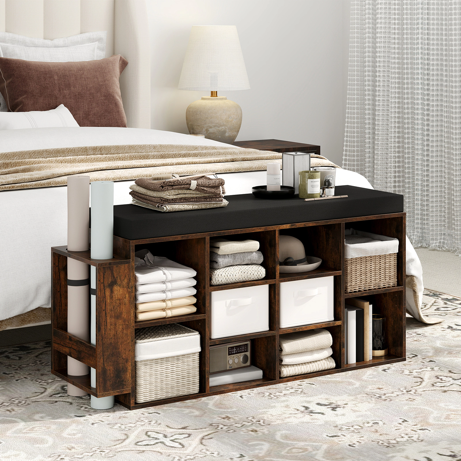 SUGIFT 10-Cubby Shoe Storage Bench with Umbrella Stand 165-lb Seating Capacity Rustic Brown/Black