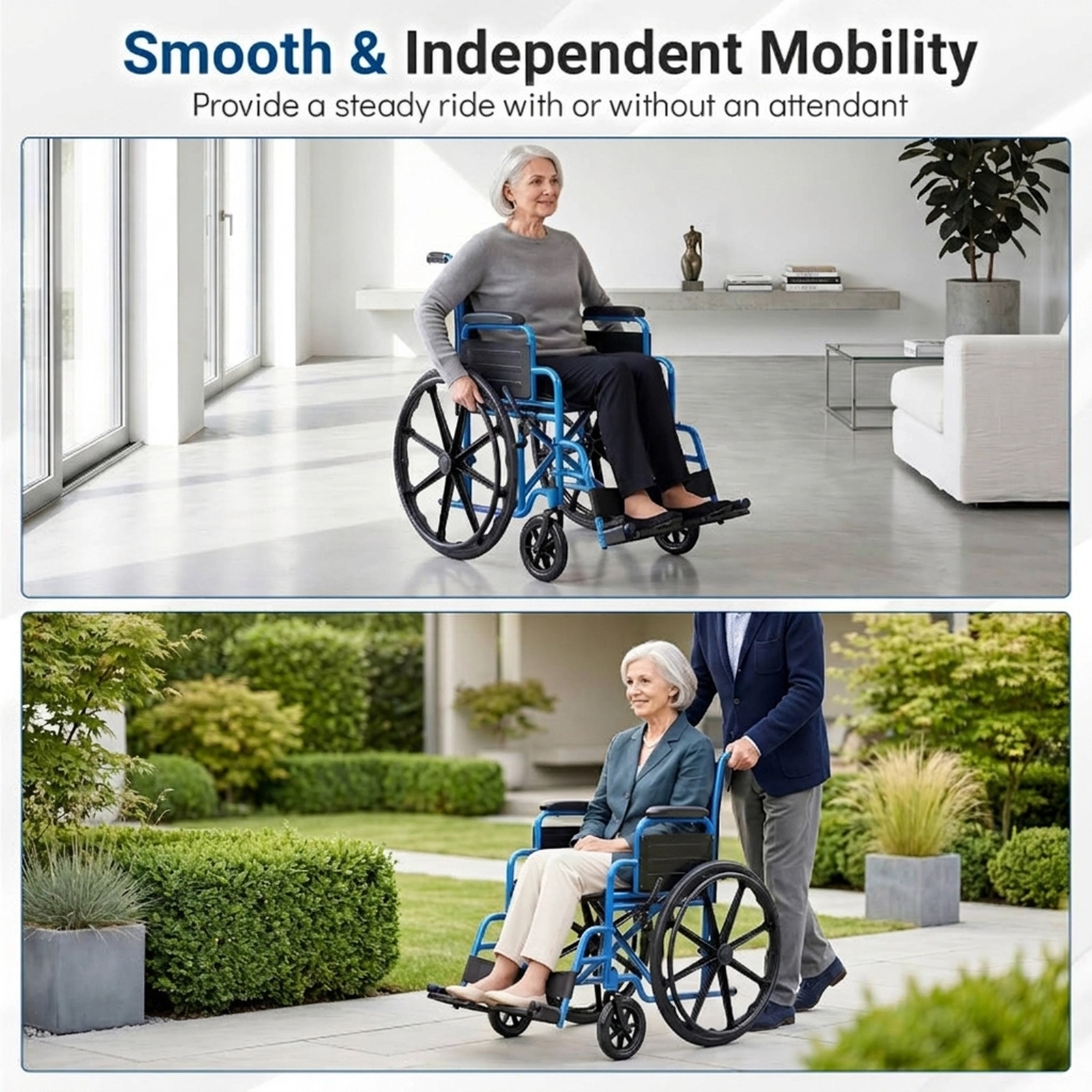 SUGIFT Navy Folding Wheelchair with Flip-Up Footrests and Padded Desk Arms 40-in W 26-in D 330-lb Seat Capacity