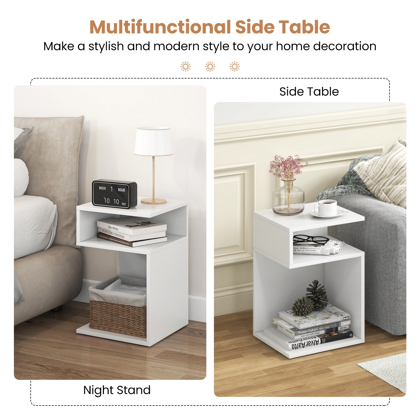 Glintex S-Shaped Side Table with 2 Open Compartments and PVC Edge Banding, White
