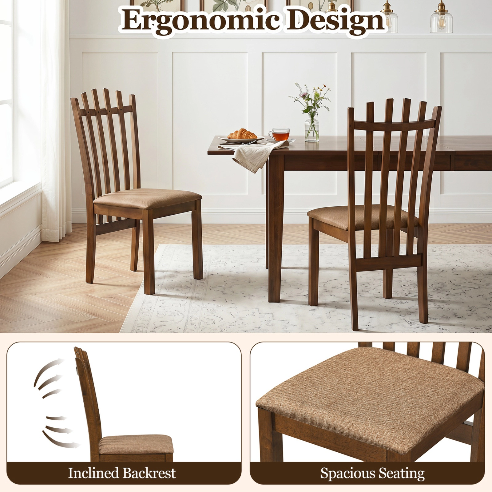 SUGIFT Rubber Wood Slat Back Kitchen Dining Chairs Set of 2 with Cushioned 18-in Seat 330-lb Capacity Walnut+Brown