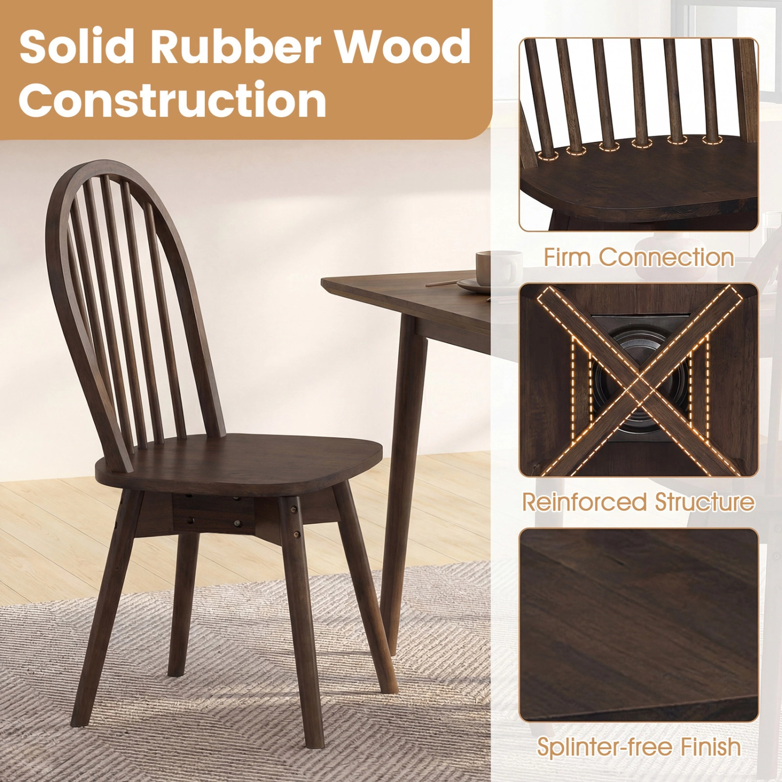 SUGIFT Swivel Windsor Dining Chairs Set of 2 with Solid Rubber Wood Frame 330-lb Capacity Walnut